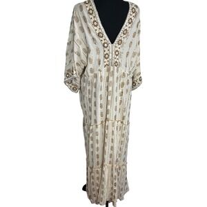Bigg Bull White Gold embroidered Boho Beach Summer Dress Maxi Hippie sz. (No tag